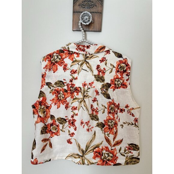 Joie Womens Size Large 100% Linen Blouse Cream Orange Floral Sleeveless - Picture 5 of 7